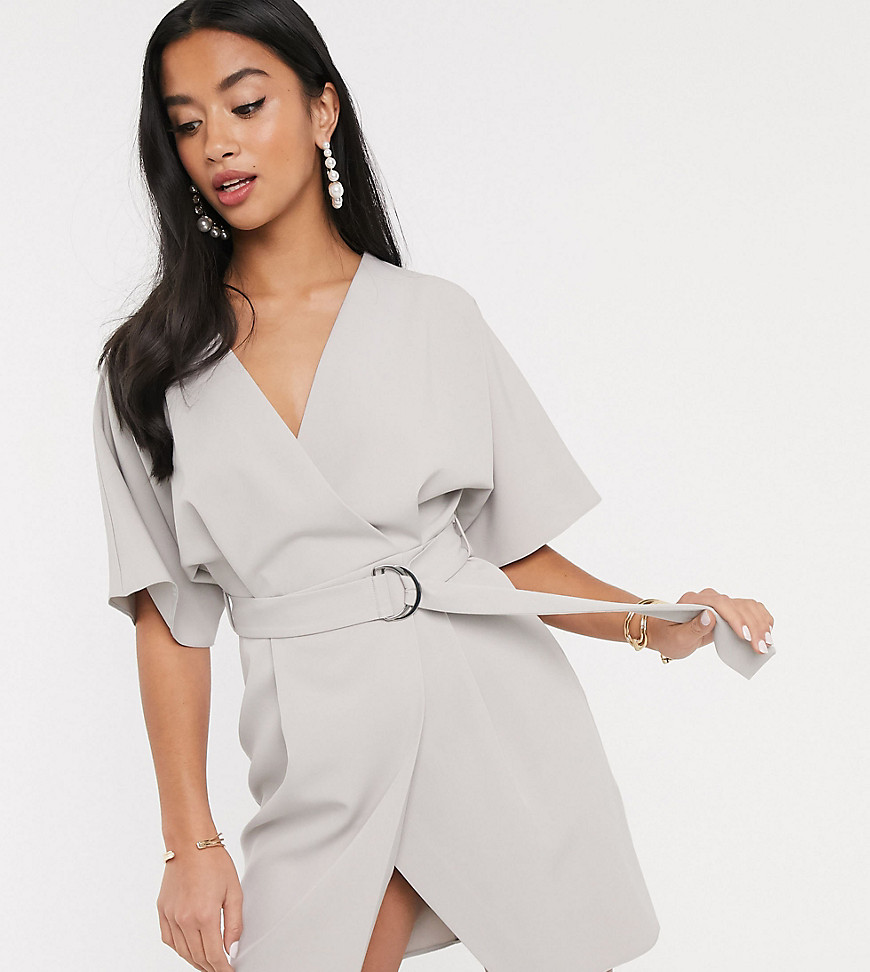 ASOS DESIGN Petite wrap front mini dress with d ring belt in grey