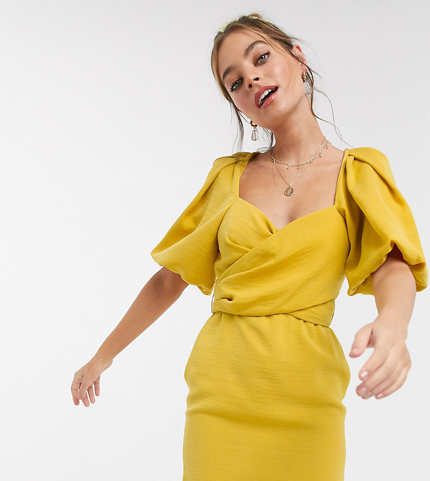 ASOS DESIGN Petite wrap front mini dress with puff sleeves in mustard-Yellow