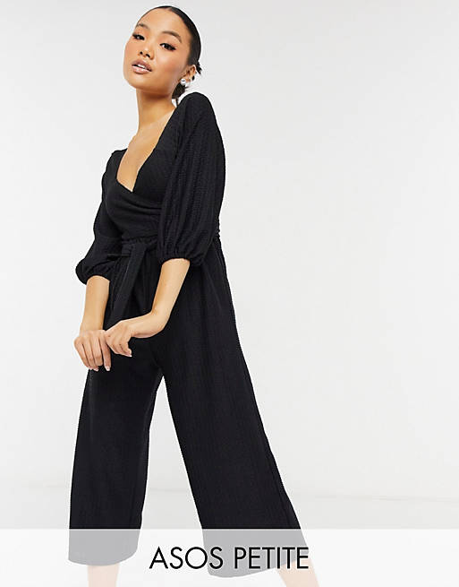  petite wrap front textured smock jumpsuit in black 