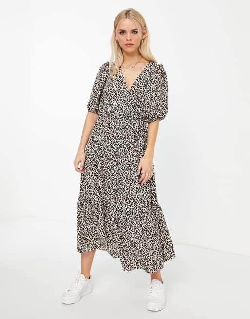 ASOS DESIGN Petite wrap front tiered midi smock dress in animal print ASOS