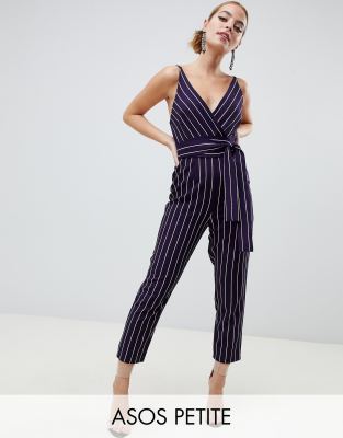 ASOS DESIGN Petite wrap jumpsuit with self belt in navy stripe-Multi