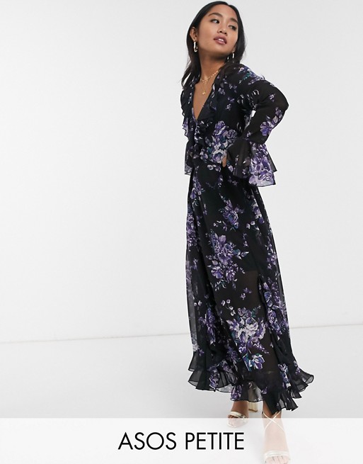ASOS DESIGN Petite wrap maxi dress with frills in dark based floral print