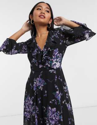 asos design wrap maxi dress with frills in red floral print