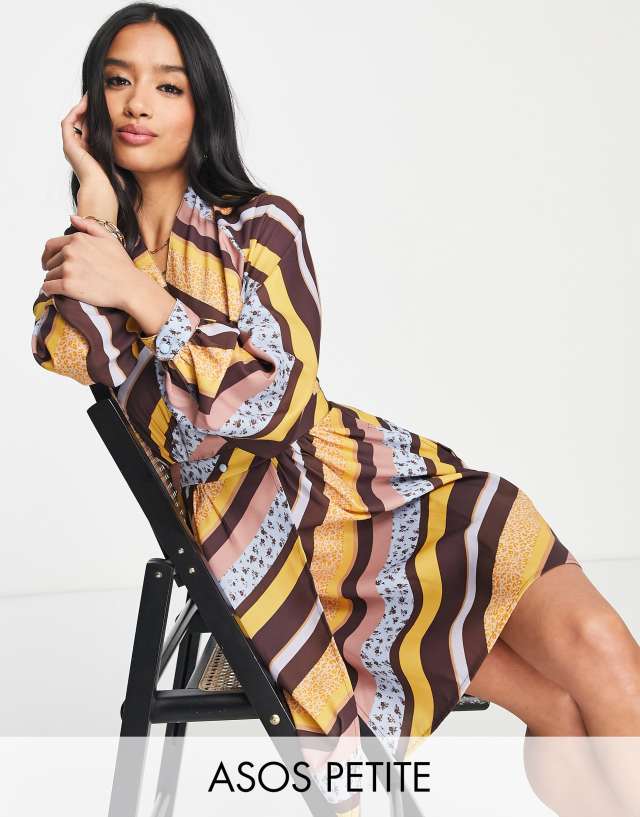 ASOS DESIGN Petite wrap mini dress in brown yellow stripe