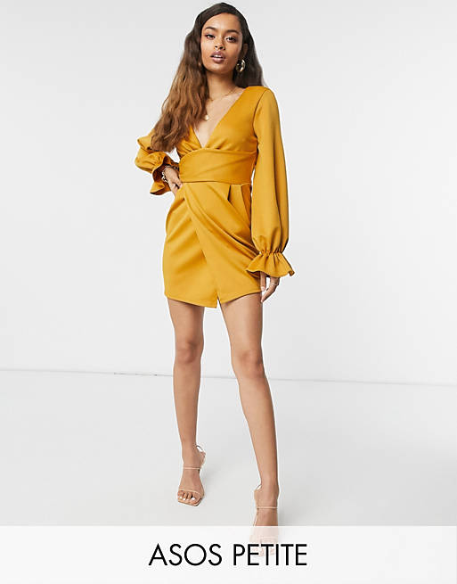 ASOS DESIGN Petite wrap plunge mini dress with flute sleeve in mustard