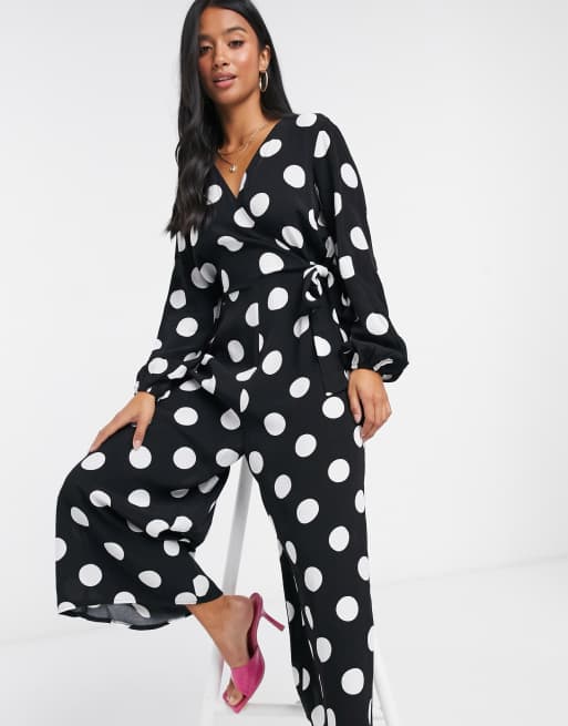 Asos Design Petite Wrap Tie Jumper In Mono Polkadot Print Asos