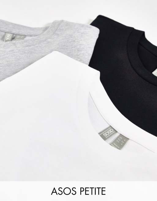 ASOS DESIGN Petite – Zestaw 3 bawełnianych T-shirtów z okrągłym dekoltem w kolorze czarnym, białym i melanżowym szarym – zestaw w dobrej cenie – MULTI