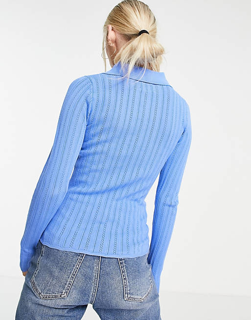 ASOS DESIGN Petite zip through jumper with pointelle stitch in blue | ASOS