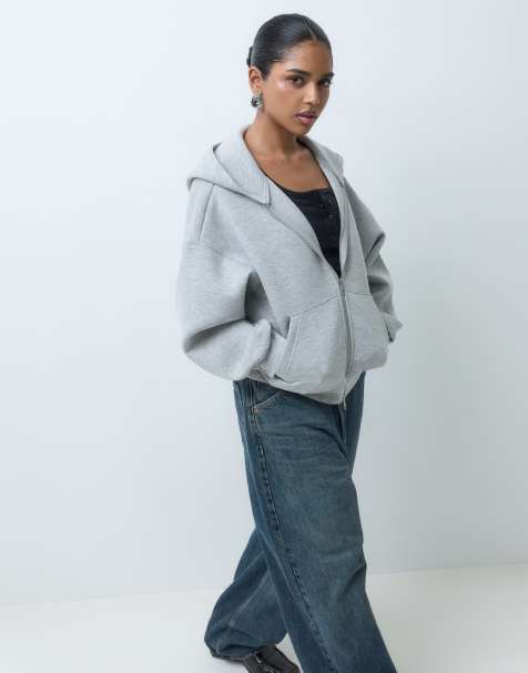 ASOS DESIGN Petite zip up hoodie in gray heather scuba-style fabric - view 1