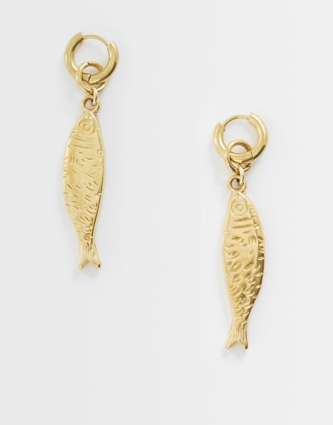 ASOS DESIGN - Petites créoles en acier inoxydable résistant à l'eau à motif poisson - Doré - view 1