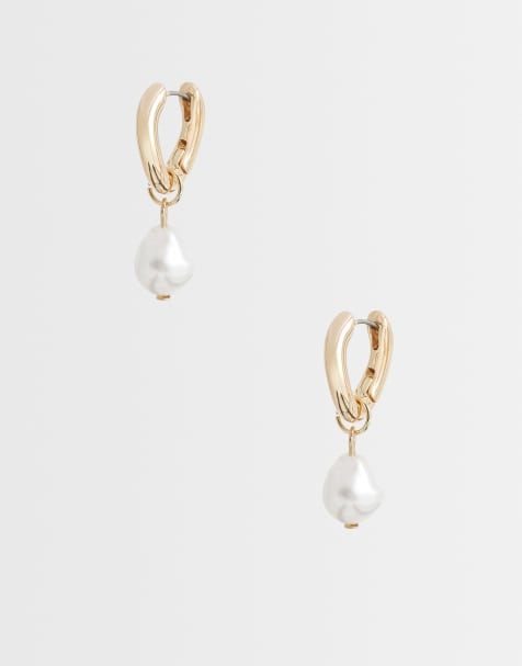 ASOS DESIGN - Petites créoles pendantes avec perle d'eau douce fantaisie - Doré - view 1