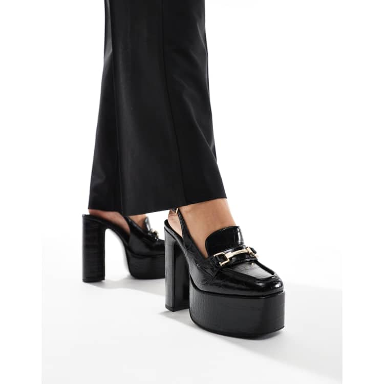 ASOS DESIGN Petrol loafer platform block heeled shoes in black croc ASOS