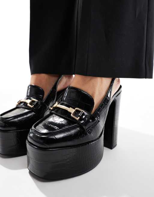 ASOS DESIGN Petrol loafer platform block heeled shoes in black croc