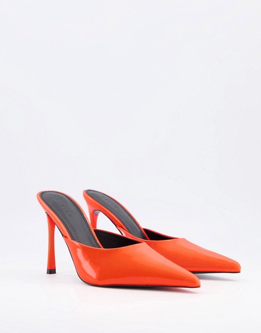 ASOS DESIGN Phase heeled mules in orange patent
