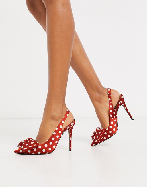 ASOS DESIGN Pheebs slingback stiletto heels with bow in red polka dot