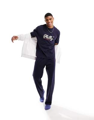 Asos Design Philly Print Pajama Set In Navy