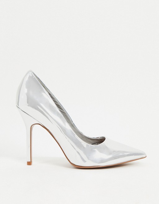 ASOS DESIGN Phoenix pointed high heeled court shoes in silver