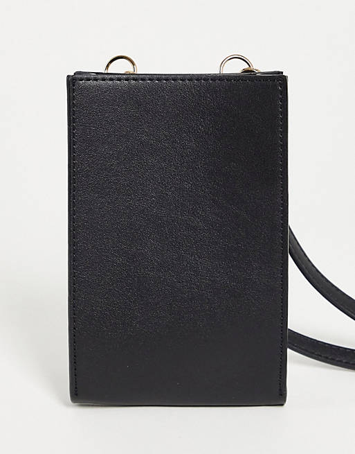 ASOS DESIGN phone case with neck strap in black faux leather with card slots