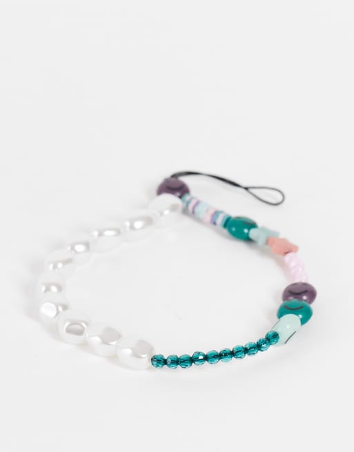 ASOS DESIGN phone charm with happy face and pearls 