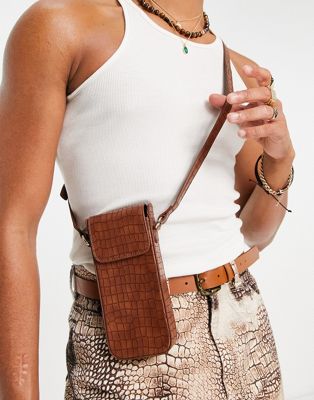 ASOS DESIGN phone holder with strap in brown croc faux leather