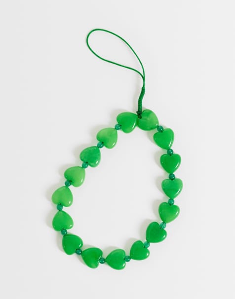 ASOS DESIGN phone strap with green heart stones - view 1