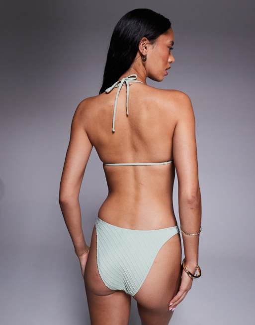 ASOS DESIGN Pia pleated tie front triangle bikini top in green, 3 of 4