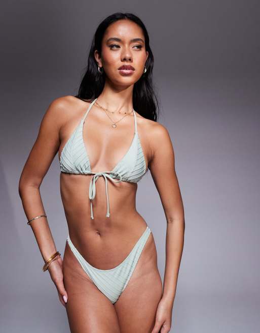 ASOS DESIGN Pia pleated tie front triangle bikini top in green, 4 of 4