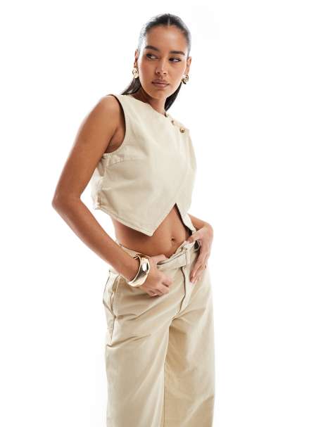 ASOS DESIGN denim waistcoat co-ord in sand