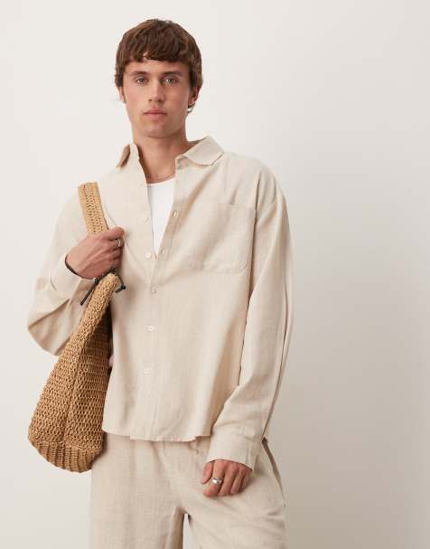 ASOS DESIGN oversized long sleeved linen look shirt in sand
