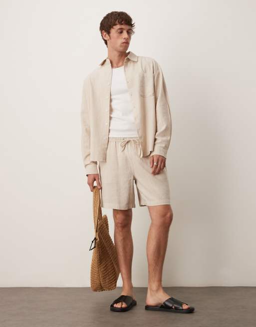 ASOS DESIGN – Piaskowa koszula oversize z długimi rękawami z imitacji lnu, 3 z 4