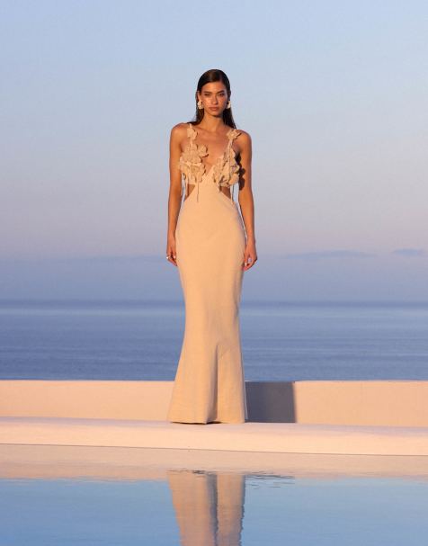 ASOS DESIGN crochet embellished bust cut out maxi dress in linen in sand