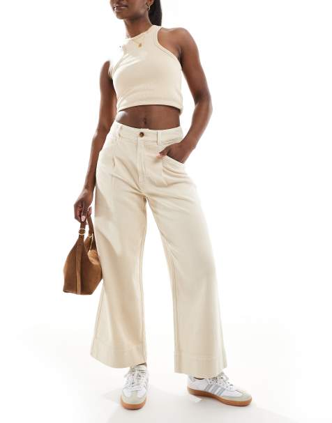 ASOS DESIGN laundered cropped wide leg trousers in sand