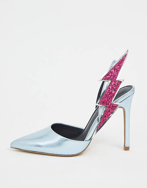 ASOS DESIGN Pick Up lightning bolt slingback heels in blue metallic