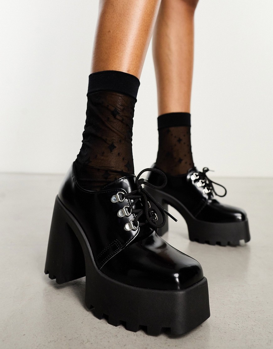 asos design pickle chunky lace up high shoes in black