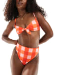 [ASOS DESIGN] ASOS DESIGN Picnic tie front bikini top in gingham-Red 10 Pink & Red Gingham