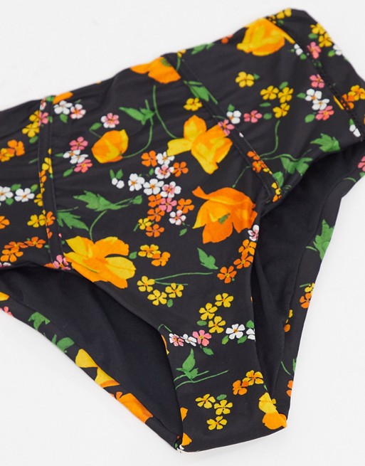 ASOS DESIGN picot trim high waist panelled bikini bottom in enchanted floral print