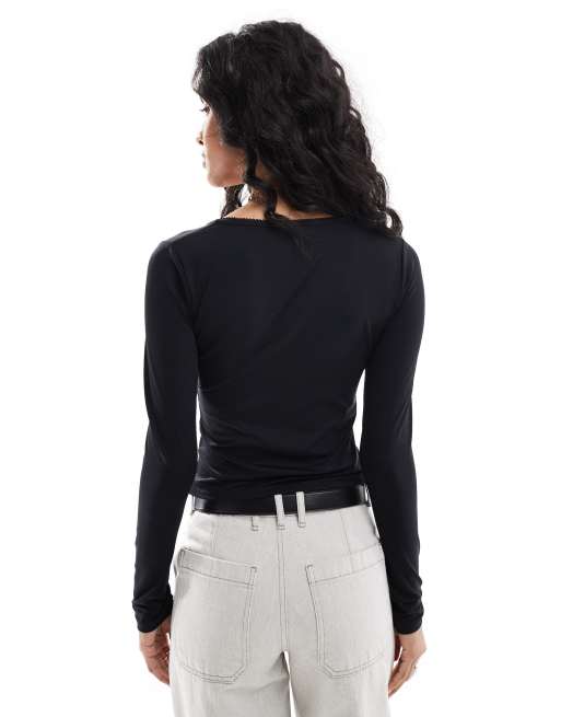 ASOS DESIGN picot trim tie detail long sleeve top in black, 2 of 4