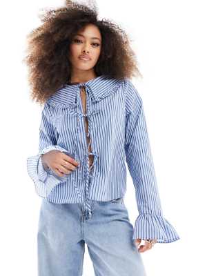 ASOS DESIGN pie crust collar blouse in blue stripe | ASOS