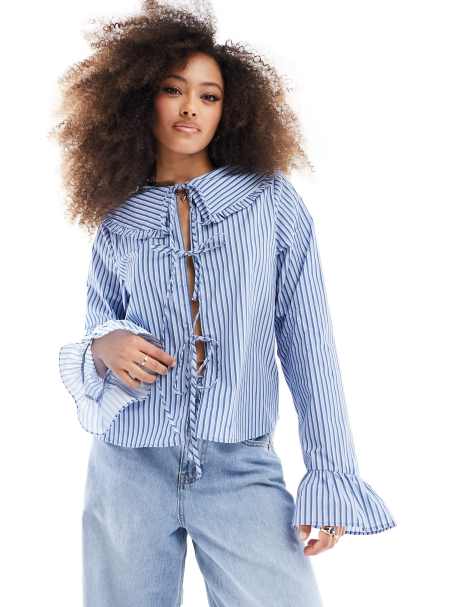 ASOS DESIGN pie crust collar blouse in blue stripe - view 1