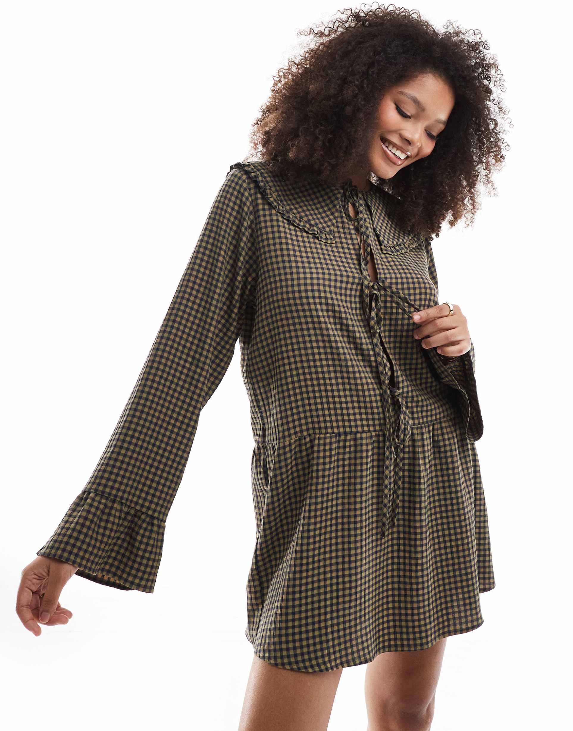 asos design pie crust collar tie front mini dress in khaki gingham