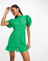 Saint Genies frill sleeve skater mini dress in green | ASOS