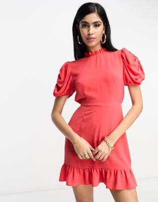 Asos Design Pie Crust Neck Puff Sleeve Mini Tea Dress In Bright Red