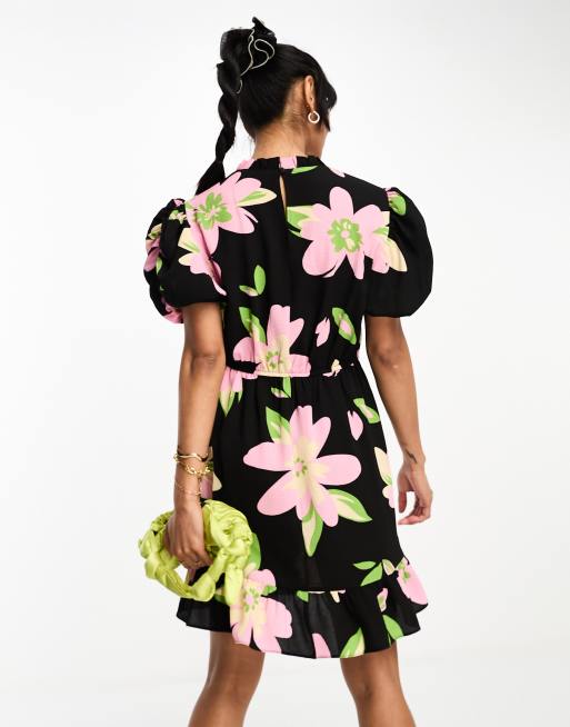 ASOS DESIGN pie crust neck puff sleeve mini tea dress in oversized black  based floral print