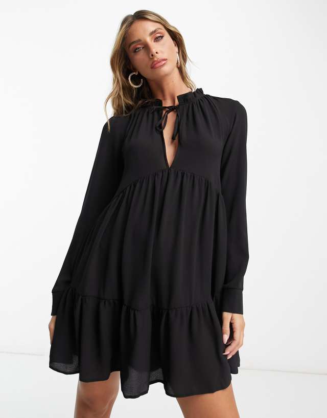 ASOS DESIGN pie crust neckline tiered smock mini dress in black