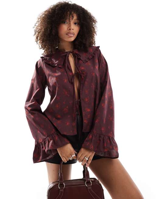 ASOS DESIGN - Piecrust - Blusa in popeline rossa a fiorellini