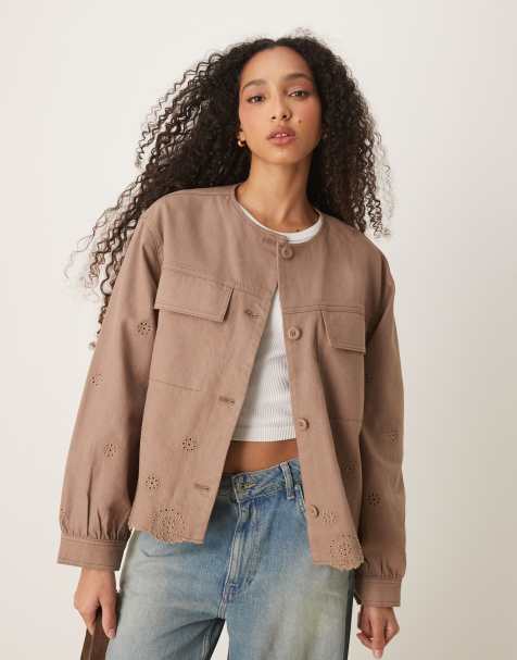 ASOS DESIGN collarless twill broderie jacket in mushroom