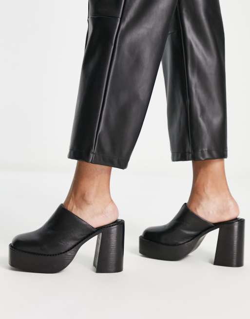 ASOS DESIGN Pierre premium leather chunky heeled mules in black