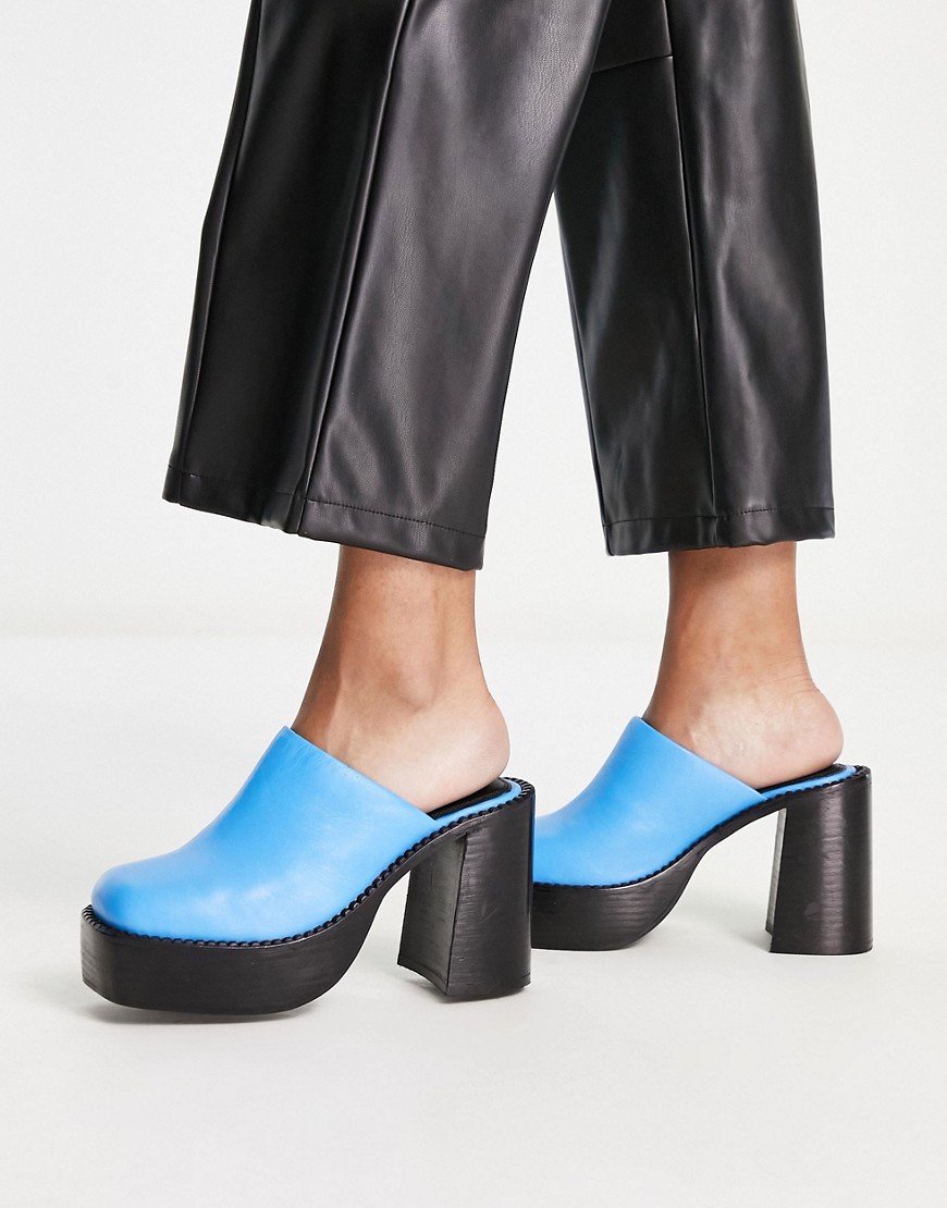 ASOS DESIGN Pierre premium leather chunky heeled mules in blue