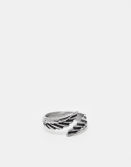 ASOS DESIGN – Pierścionek z motywem piórek ze stali nierdzewnej w kolorze oksydowanego srebra