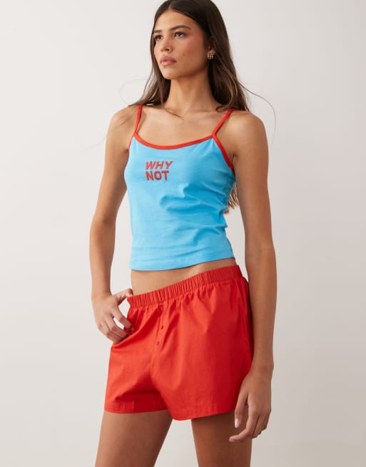 ASOS DESIGN - Pigiama blu e rosso composto da canottiera con ricamo "Why not" e pantaloncini con ricami di stelle, 4 di 4